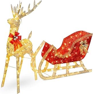Best Choice Products XL Lighted Christmas 5ft Reindeer & Sleigh Holiday Outdoor Yard Decoration Set w/ 265 LED Lights, Stakes, Zip Ties - Gold