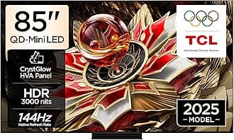 TCL 85Q7C Television 85 Inch Smart TV 4K QD-Mini LED Colorful Quantum Crystal HDR 3000nits Gaming Google TV, 144Hz Native Refresh Rate, Audio by Bang & Olufsen, Dolby Atmos, Game Master (2025 Model)