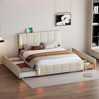 MeraxQueen Size Upholstered Platform Bed with Trundle and Drawers, Beige
