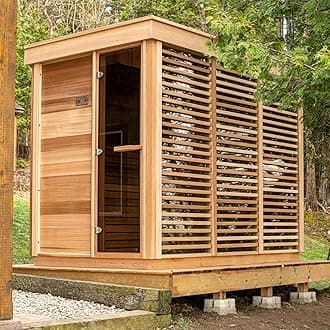 Smartmak Outdoor Steam Sauna, 8 Person Canadian Hemlock Wood Sauna Room, Traditional Saunas with Wood Burning Stove, Grille, Backrest Headrest, Rocks, Light Included, 195℉