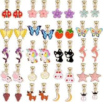 SYNLIN A chic set of 20 pairs clip on earrings for girls without Pierced Ears,Vibrant Themes Like Flowers, Unicorns, Ladybugs, Butterflies, Sheep