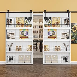 Paintable 84in x 84in Barn Door with 14FT Hardware Kit Included, Solid MDF Wood 8-Shelf Storage Shelves Style Sliding Barn Door, Easy Install, Interior Kitchen Pantry Bathroom Home Office Door