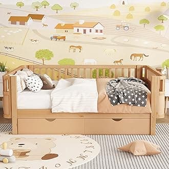 KEIKI Full Size Wooden Floor Day Bed w/Large Storage Drawers, Space Saving Corner Platform Daybed Frame, Removable Safety Rail, Montessori Kids Beds for Boys Girls Bedroom, No Box Spring Needed, Brown