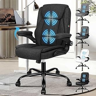 ELFORDSON Massage Office Chair, Mid-back Executive Comfy Office Chairs with 90° Flip-up Armrests, Adjustable Height, Swivel, Ergonomic Heavy-duty Gaming Chair, Fabric Linen, Black