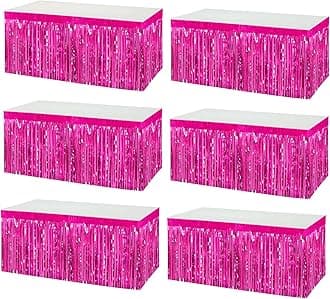 6 Pack 29x108 Inch Metallic Foil Fringe Tinsel Table Skirts Banner for Rectangle Tables Streamer Garland Curtains Backdrop for Wedding, Birthday, Parade Floats, Halloween Party Decoration(Fuchsia)