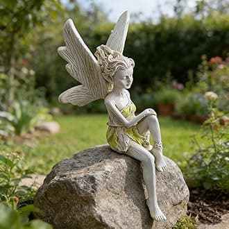 MINGZE Fairy Garden Statue, Outdoor Sitting Magic Elf Bird House Ornaments Wi...