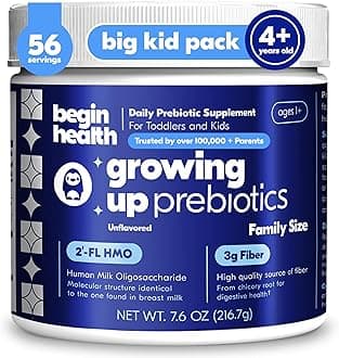 Begin Health Growing Up Prebiotics for Kids | Daily Prebiotic Fiber Supplement with 2'-FL HMO | Supports Regularity & Gut Health | Unflavored Powder | Ages 1+ | 56 Servings