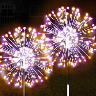 JJGoo Solar Firework Lights, 2 Pack 120 LEDs 2 Lighting Modes Solar Garden Lights Outdoor Waterproof for Yard Patio Walkway Pathway Party Wedding Christmas Decorative - Orange and Purple