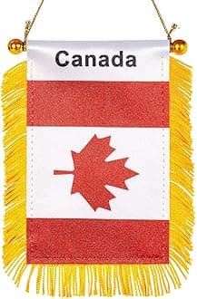 WXTWK 3 X 5 Inch Canada Flag Canadian Window Hanging Flag Small Mini Car Flags Banners Rearview Mirror Decoration With Suction Cup Golden Fringy Banner