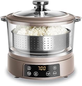 3L Glass Mini Low Carb Rice Cooker – Holds 2 Cups Raw/Makes 6 Cups Cooked with Auto Lift Filter Basket, Hotpot & Steamer for Rice, Grains, Digital Panel with Keep Warm, Goat/Mink