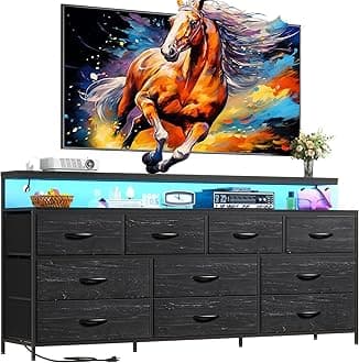 EnHomee 55" W Dresser for Bedroom with 10 Fabric Drawers Long Dresser with LED Lights & Power Outlets Dressers & Chests of Drawers Large Organizer for Bedroom, Metal Frame, Wood Top, Charcoal Black