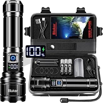 Blukar Torch Rechargeable, Ultra High Lumens Super Bright Flashlight, Adjustable Focus, 5 Modes, 5000 mAh Long Lasting, IP67 Waterproof, Smart Digital Display for Camping, Power Cuts, Emergency
