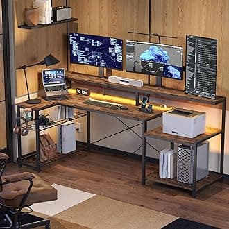 Bestier 71.5 inch Computer Desk with Power Outlets, L Shaped LED Home Office Desk with Long Monitor Stand, Large Corner Desk with Storage Shelf, Cup Holder & Headset Hooks, Modern Simple Table