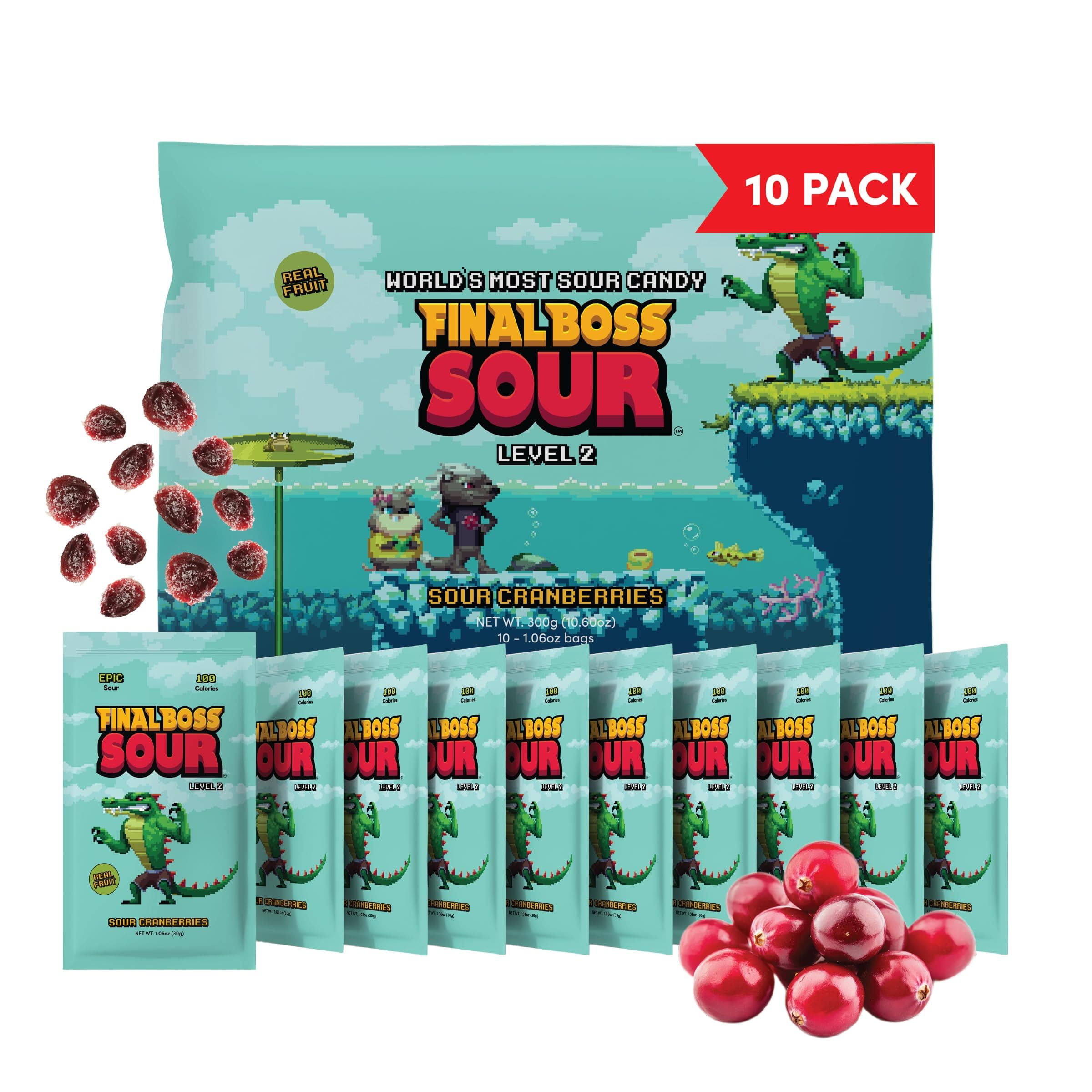 Final Boss Sour Candy, Sour Cranberries, 10 Pack, Level 2, Fruit Chews with Real Dried Fruit, No Artificial Colors or Flavors, Low Calorie Snack for Kids, Teens, Adults, Lunch Boxes
