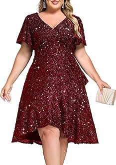 Women's Formal Eveing Dress V Neck A-line High Low Sequin Plus Size Christmas Cocktail Party Dresses