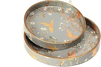 DULI Set of 2 MDF Wood Trays Enamel Coated| Round Trays Set of 2 | Serving Trays | Wooden Tray | Kitchen&Dining Decorative | Resin Tray | Handmade | 7x7 & 9x9 inches (Setof2Round: SilverGoldBirds)