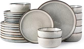 GBHOME Ceramic Dinnerware Sets for 8, 24 Pieces Stoneware Plates and Bowls Sets, Scratch Resistant Dishes, Dishwasher & Microwave Safe, Reactive Glaze-Green Wheat