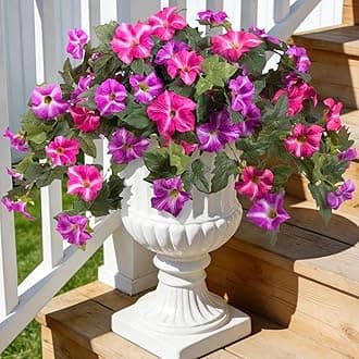 Artificial Fake Flowers Plants for Outdoor Decoration, 2PCS Faux Petunias Silk Flower UV Resistant No Fade Floral for Home Outside Garden Balcony Yard Porch Realistic Indoor Decor (Fuchsia Lotus)