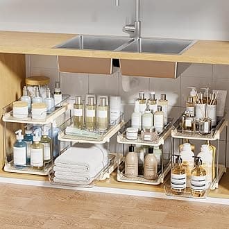 Delamu 2-Tier Multi-Purpose Bathroom Under Sink Organizers and Storage, Stackable Kitchen Pantry Organization, Pull Out Medicine Cabinet Organizer with Movable Dividers, Beige, 4 Pack