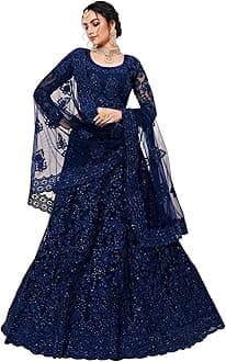 Semi-Stitched Lehenga Choli For Women, Net Embroidered Semi-Stitched Lehenga Choli Diwali Wear By BOLLYCLUES (Navy)
