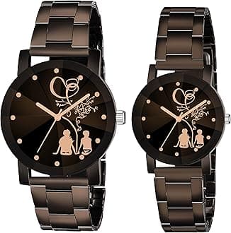 SWADESI STUFF Black Dial Round Shape Stainless Steel Strap Analog Cute Love Couple Watch for Men and Women - Combo of 2