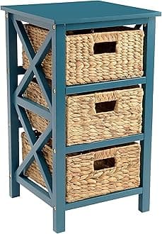 eHemco 3 Tier X-Side Storage Drawer with 3 Wicker Baskets, Teal