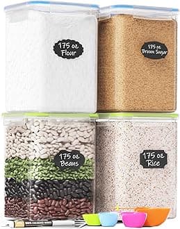 Kitchen Storage Box Set of 4 Extra Large Airtight Food Storage Jars for Sugar Flour Cereal Rice - Measuring Spoons, Pen and Food Preservation Labels (5.2 L)