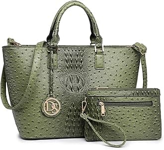 Dasein Women Handbags Large Tote Shoulder Bag Top Handle Satchel Hobo 2pcs Purse Set, 6-ostrich Army Green, L