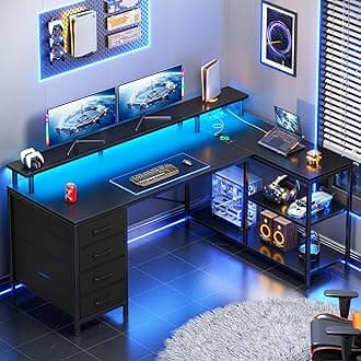 L Shaped Desk with 4 Drawers and Storage Shelves, L Shaped Gaming Desk with LED Lights & Power Outlets, Computer Desk with Shelves & Drawer, Corner Desk Home Office Desk, Black