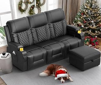 Recliner Sofa with Storage Ottoman, 3 Seats Dual Reclining Sofa, PU Leather Loveseat Couch, Modern Recliner Chair for Living Room, with Cup Holder and 2 Cell Phone Holder, USB Ports
