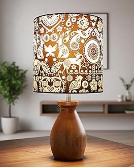 Homesake® Rustic Wooden Dovel Pot Table Lamp with Printed Fabric Shade| Handcrafted Bedside Nightstand Light for Living Room, Bedroom, Office Cafe Home Décor,