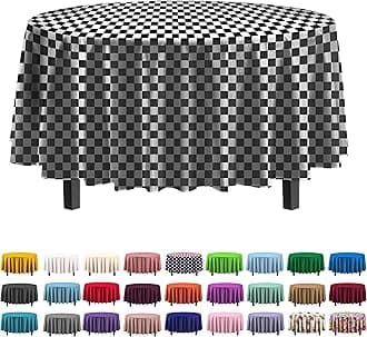 Exquisite 12-Pack Premium Plastic Tablecloth Pack of 12 - Premium Plastic Tablecloth 84 Inch Round Table Cover - Checkered