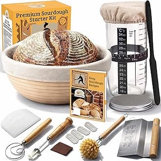 Sourdough Starter Kit for Beginners – Banneton Bread Proofing Basket Round 9” with 24oz Glass Sourdough Starter Jar & Sourdough Bread Baking Supplies