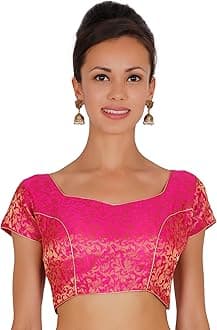 ND & R Women's Readymade, Banarasi Brocade (Chanderi) Short Sleeve Ladies Blouse, Choli for Saree, Ready to Wear.