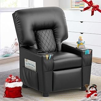 Kids Recliner Chair, Leather Push Back Kids Reclining Chair with Cup Holders & Side Pockets, Safety Adjustable Footrest Toddler Recliner for Age 3+, Kid Recliners for Girls Boys, Black