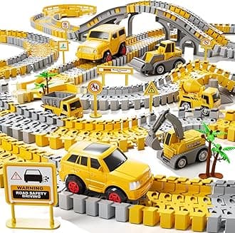 iHaHa Toddlers Construction Race Tracks Toys Gifts for 3 4 5 6 Years Old Boys Kids, 2PCS Electric Race Cars & 4 PCS Construction Trucks, Birthday Gift Toys for Boys 2 3 4 5 6+