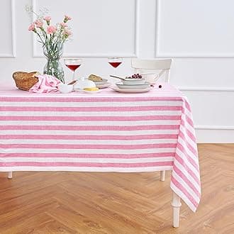 Solino Home Linen Square Tablecloth 52 x 52 Inch - Sorrento Stripe, 100% Pure Linen Chateau Rose and White Table Throw - Machine Washable Tablecloth