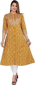 KANNAHI Women Pure Cotton Ethnic Motif Print A-line Straight Kurta Jaipuri Sanganeri Printed 3/4 Sleeve Kurti for Casual Party & Festival Wear for Girls & Womens