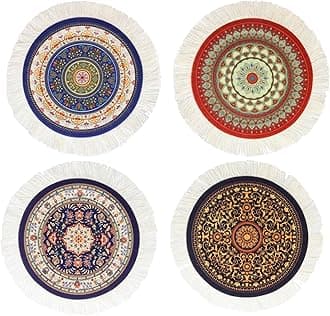 Set of 4 Round Coasters for Drinks - Turkish Rug Mat Drink Holders Mats, Carpet Design and Absorbent Kitchen Accessories