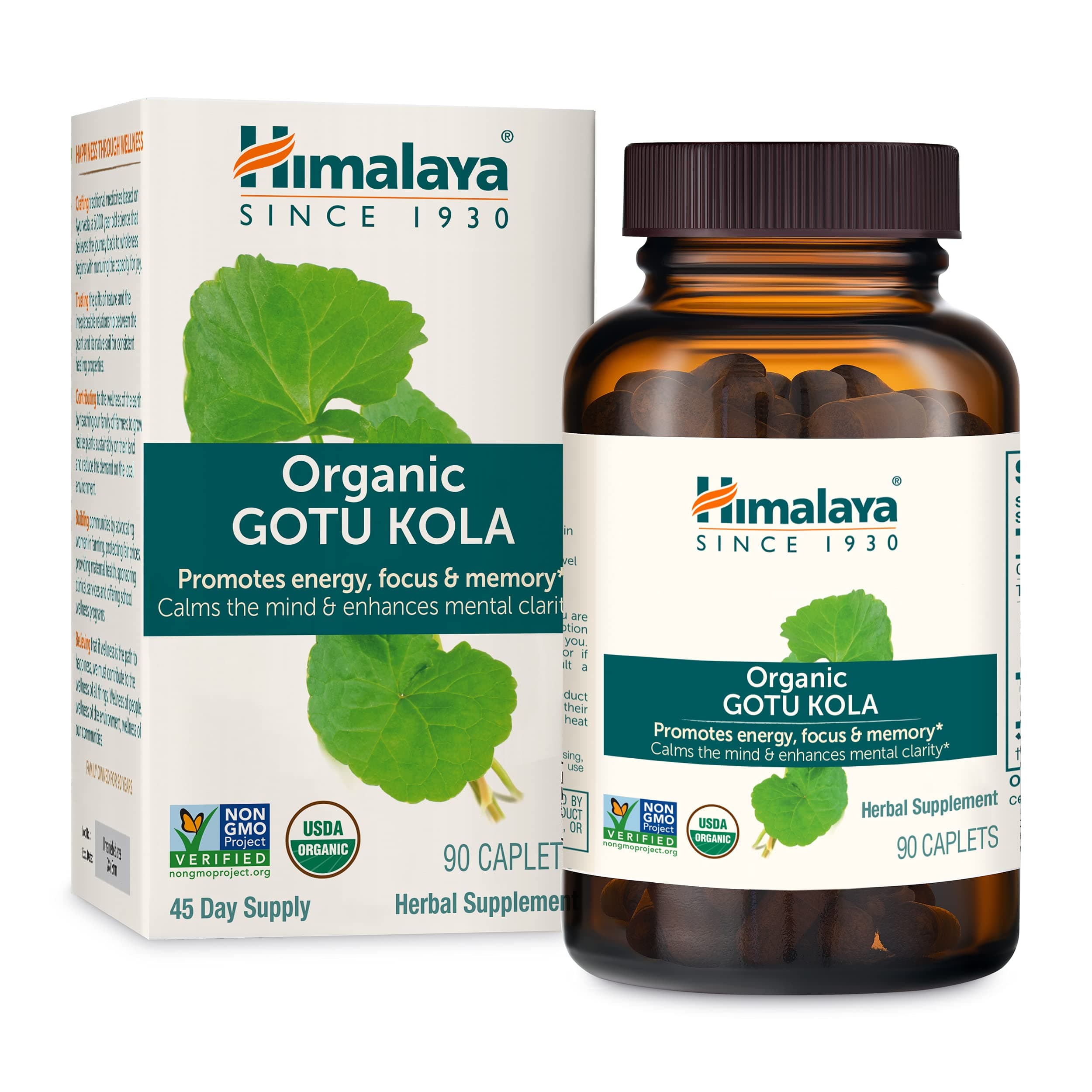 Himalaya Organic Gotu Kola, 45 Day Supply - Herbal Nootropic Supplement with Adaptogens for Energy, Focus, Memory, and Calming Relaxation - Vegan, Non-GMO, Gluten Free, 650 mg, 90 Caplets