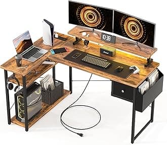 L Shaped Gaming Desk, 47 Inch Computer Desk with Adjustable Stand & RGB Lights, Corner Desk for Power Outlet, Carbon Fiber Texture