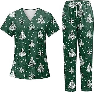 Generic Christmas Scrubs Set for Women Nurse Uniform Top & Pants with Multi Pocket for Nurse Esthetician Workwear