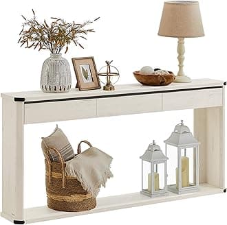 VASAGLE Console Table, 63 Inches Sofa Table, Narrow Entryway Table, Entry Table with 3 Drawers, Bottom Shelf, Metal Corners, for Living Room, Bedroom, Farmhouse Style, Rustic White ULNT146W73
