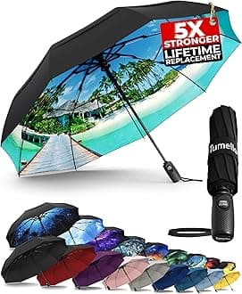TUMELLAStrongest Windproof Travel Umbrella (Compact, Superior & Beautiful), Small Strong but Light Portable and Automatic Folding Rain Umbrella, Durable Premium Grip, Fits Car & Backpack
