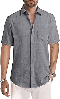 JMIERR Men's Casual Stylish Short Sleeve Button-Up Striped Dress Shirt Cotton Beach Shirts