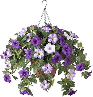 Ammyoo Artificial Hanging Fake Flowers with Basket Plants for Outdoor Decoration, Faux Silk Flower UV Resistant Morning Glory for Home Porch Patio Garden Balcony Yard Look Real (Purple White)