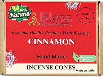 Bless InternationalCinnamon 100%-Natural-Incense-Cones Handmade-Hand-Dipped Organic-Chemicals-Free for-Purification-Relaxation-Positivity-Yoga-Meditation The-Best-scents (120 Count)