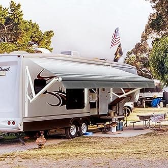 Awnlux White Motorized Modular Retractable RV Awning Full Set Assemblies for RV, 5th Wheel, Travel Trailers, Toy Haulers, and Motorhome - RV Trailer Awning for Home or Camper - 16x8 Ft - Black Strip