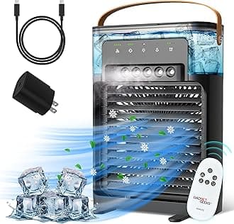 Portable Cooling Mist Fan AC with Remote, Quiet comfort with 4 Speeds, XL 1200ml tank, Personal Air Cooler Fan with 5 Mist, 7 Night Lights, 2, 4, 6, 8H Timer, Air Conditioner for Home, Office, Black