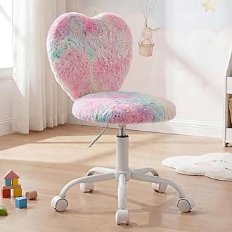 Small Kids Chair, Cute Heart Girls Desk Chair, Rolling Study Chairs Furry Pink Computer Chairs, Faux Fur Swivel Vanity Chairs for Children Bedroom/Study, Colorful